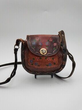Handmade Tooled Leather Shoulder Bag w/ Embroidered Floral Design